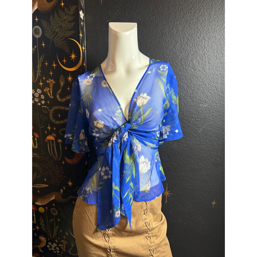 Guess Los Angeles Blue Floral Sheer Mesh Tie Front Top Open Back Size L